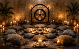 Illustrated intimate sound journey space with a gong, cushions, and candles