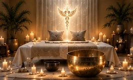 Illustrated candlelit room with a treatment table and singing bowl