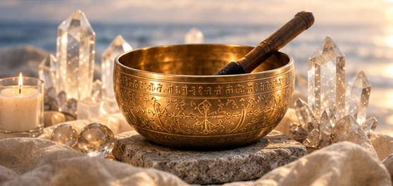 Golden singing bowl, crystals, and candles beside softly lit water