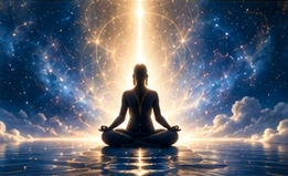 Illustrated meditating figure surrounded by light above a still ocean